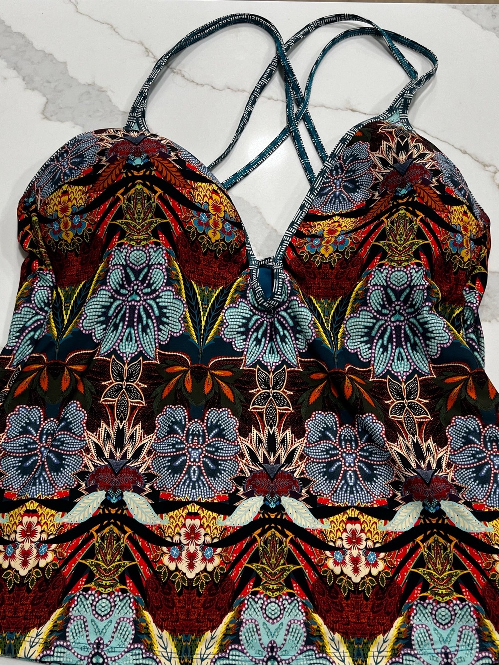 Kenneth Cole Reaction Teal, Red, Yellow, Black Floral Swim Tankini 3 piece set